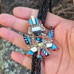 Vintage Zuni Bolo Tie, Turquoise with Sterling Silver Onyx Coral, Signed Native